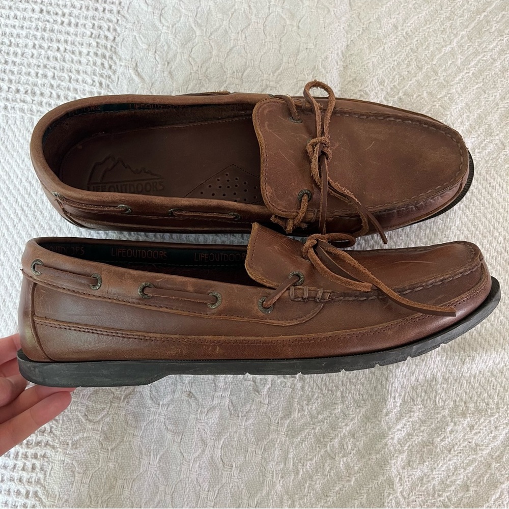 Life Outdoors leather men’s shoes slip on moccasins 14B boat shoes brown loafers